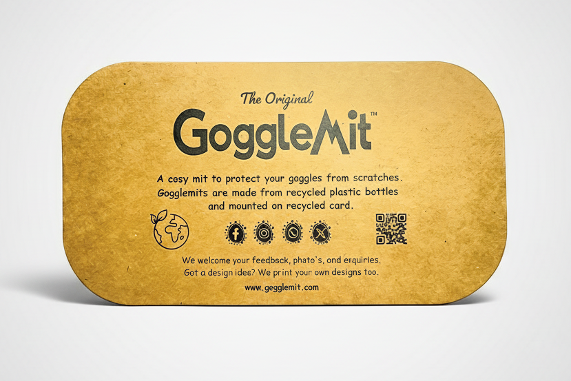Gogglemit goggle cover mounting card made from recycled card.