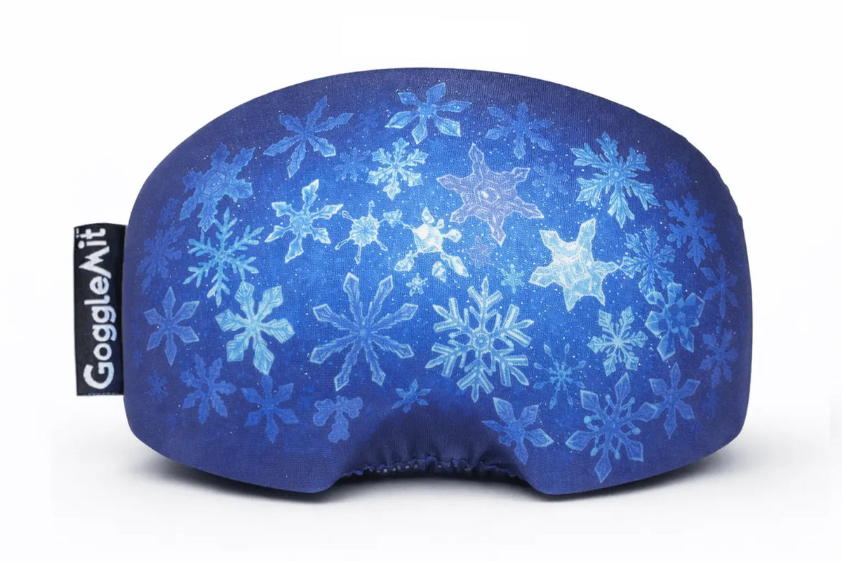 Goggle cover with unique snowflake crystal design in blue and white.